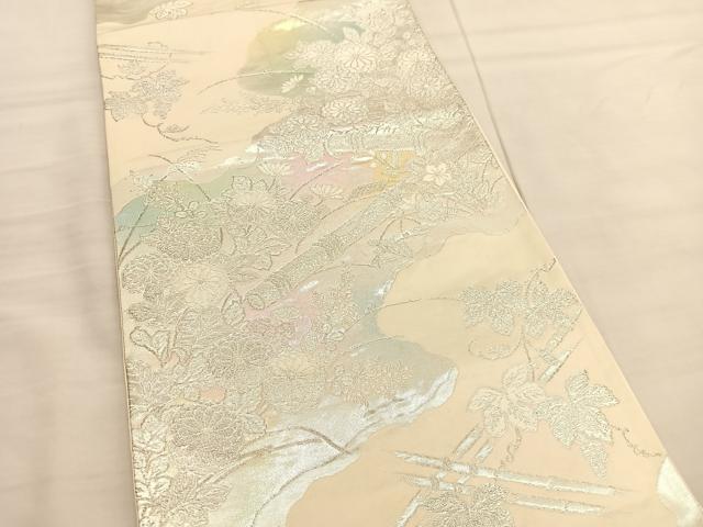 平和屋着物◎西陣　六通柄袋帯　横笛秋草文　銀糸　証紙付き　正絹　逸品　BAAV1732hv