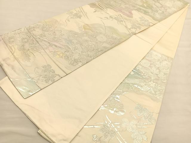 平和屋着物◎西陣　六通柄袋帯　横笛秋草文　銀糸　証紙付き　正絹　逸品　BAAV1732hv