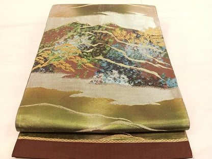 平和屋着物◎六通柄袋帯　風景文　金糸　引箔　正絹　逸品　BAAV1737hv