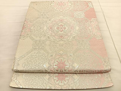平和屋着物◎六通柄袋帯 唐織 菱天井花文 銀糸 正絹 逸品 BAAV1752hv