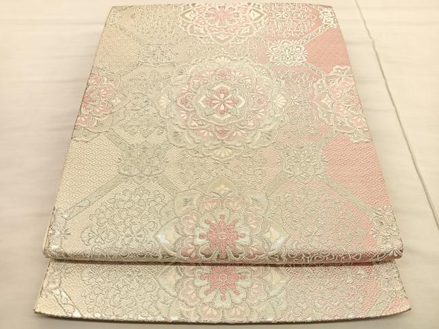 平和屋着物◎六通柄袋帯 唐織 菱天井花文 銀糸 正絹 逸品 BAAV1752hv