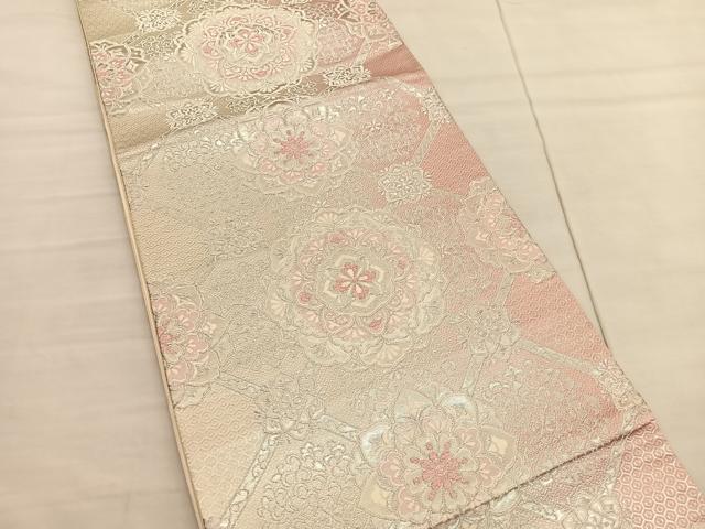 平和屋着物◎六通柄袋帯 唐織 菱天井花文 銀糸 正絹 逸品 BAAV1752hv