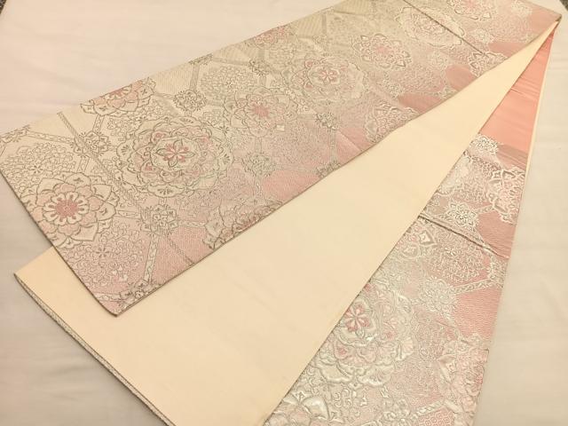 平和屋着物◎六通柄袋帯 唐織 菱天井花文 銀糸 正絹 逸品 BAAV1752hv