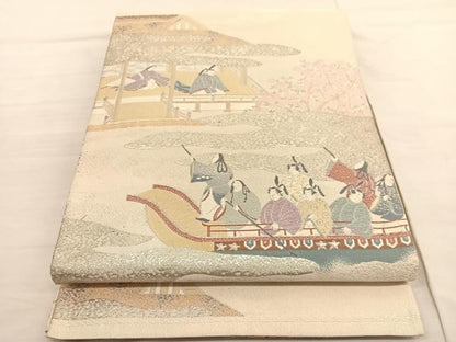 平和屋着物◎太鼓柄袋帯　渡船人物風景文　銀糸　正絹　逸品　BAAV1753hv