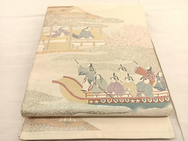 平和屋着物◎太鼓柄袋帯　渡船人物風景文　銀糸　正絹　逸品　BAAV1753hv