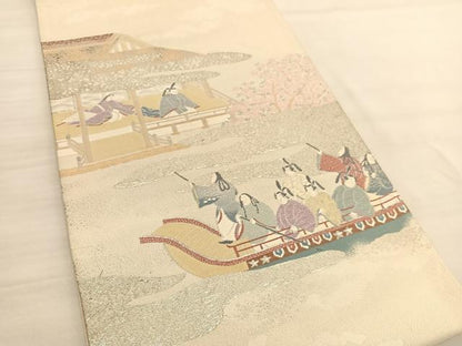 平和屋着物◎太鼓柄袋帯　渡船人物風景文　銀糸　正絹　逸品　BAAV1753hv