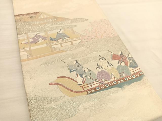 平和屋着物◎太鼓柄袋帯　渡船人物風景文　銀糸　正絹　逸品　BAAV1753hv