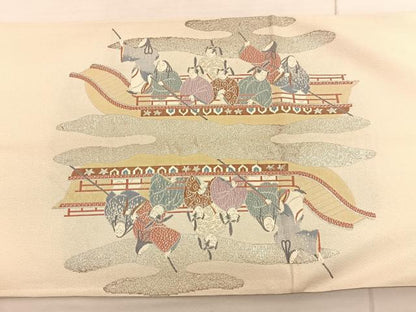 平和屋着物◎太鼓柄袋帯　渡船人物風景文　銀糸　正絹　逸品　BAAV1753hv