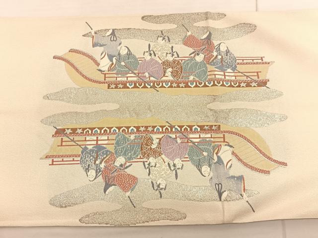 平和屋着物◎太鼓柄袋帯　渡船人物風景文　銀糸　正絹　逸品　BAAV1753hv