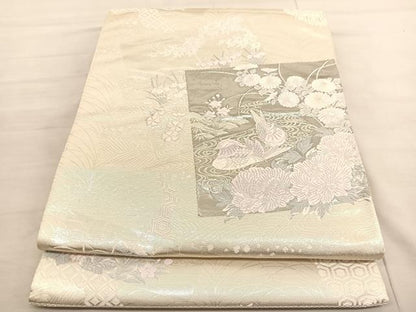 平和屋着物◎六通柄袋帯　唐織　鴛鴦花文　プラチナ箔　正絹　逸品　未使用　BAAV1755hv