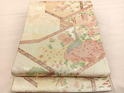 平和屋着物◎佐賀錦 六通柄袋帯 孔雀花文 金糸 正絹 逸品 BAAV1756hv