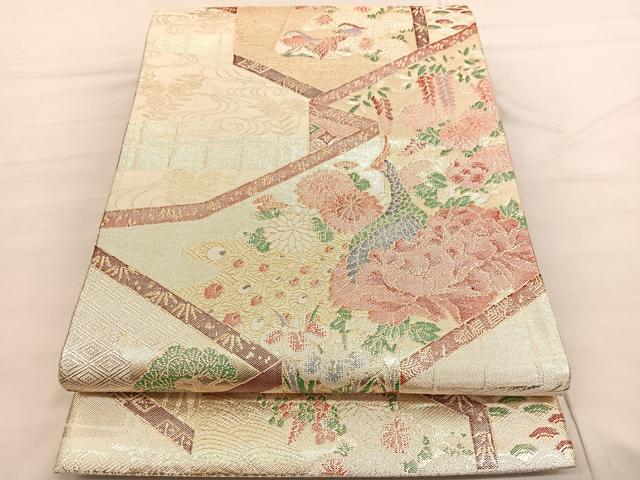 平和屋着物◎佐賀錦 六通柄袋帯 孔雀花文 金糸 正絹 逸品 BAAV1756hv