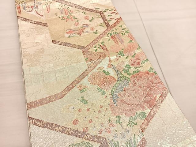 平和屋着物◎佐賀錦 六通柄袋帯 孔雀花文 金糸 正絹 逸品 BAAV1756hv