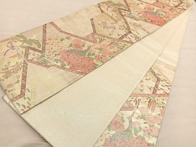 平和屋着物◎佐賀錦 六通柄袋帯 孔雀花文 金糸 正絹 逸品 BAAV1756hv