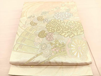 平和屋着物◎六通柄袋帯　唐織　檜扇花車文　金銀糸　正絹　逸品　BAAV1765hv