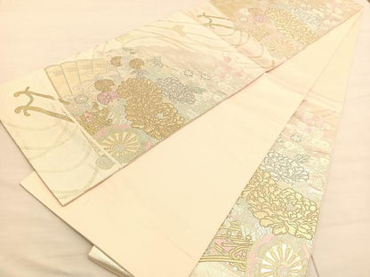 平和屋着物◎六通柄袋帯　唐織　檜扇花車文　金銀糸　正絹　逸品　BAAV1765hv