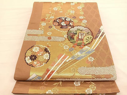 平和屋着物◎六通柄袋帯 唐織 扇雪輪御所車花文 金糸 正絹 逸品 BAAV1779hv