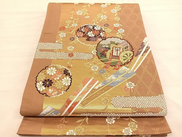 平和屋着物◎六通柄袋帯 唐織 扇雪輪御所車花文 金糸 正絹 逸品 BAAV1779hv