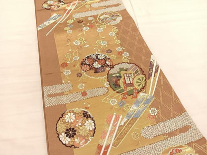 平和屋着物◎六通柄袋帯 唐織 扇雪輪御所車花文 金糸 正絹 逸品 BAAV1779hv