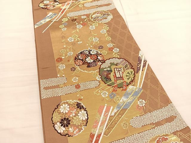 平和屋着物◎六通柄袋帯 唐織 扇雪輪御所車花文 金糸 正絹 逸品 BAAV1779hv