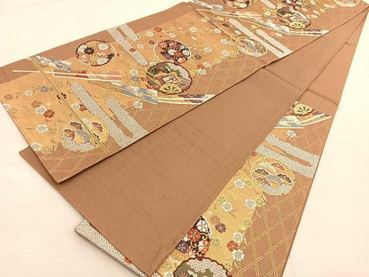 平和屋着物◎六通柄袋帯 唐織 扇雪輪御所車花文 金糸 正絹 逸品 BAAV1779hv