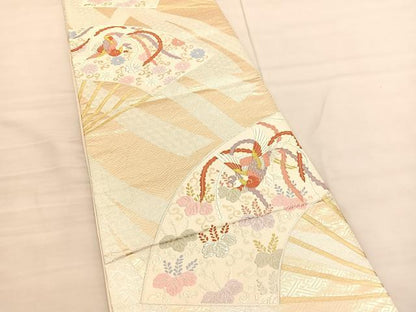 平和屋着物◎六通柄袋帯 唐織 鳳凰扇面花唐草文 金銀糸 正絹 逸品 BAAV1787hv