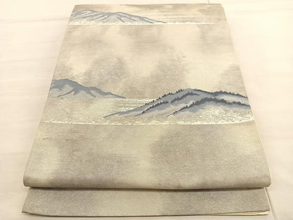 平和屋着物◎六通柄袋帯　唐織　遠山文　銀糸　正絹　逸品　BAAV1788hv