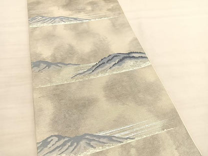 平和屋着物◎六通柄袋帯　唐織　遠山文　銀糸　正絹　逸品　BAAV1788hv