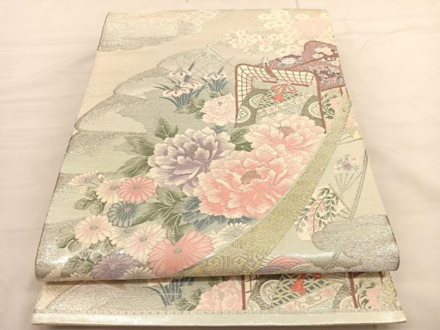 平和屋着物◎六通柄袋帯　唐織　檜扇御所車花文　プラチナ箔　九百錦　正絹　逸品　BAAV1792hv