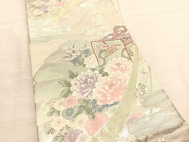 平和屋着物◎六通柄袋帯　唐織　檜扇御所車花文　プラチナ箔　九百錦　正絹　逸品　BAAV1792hv