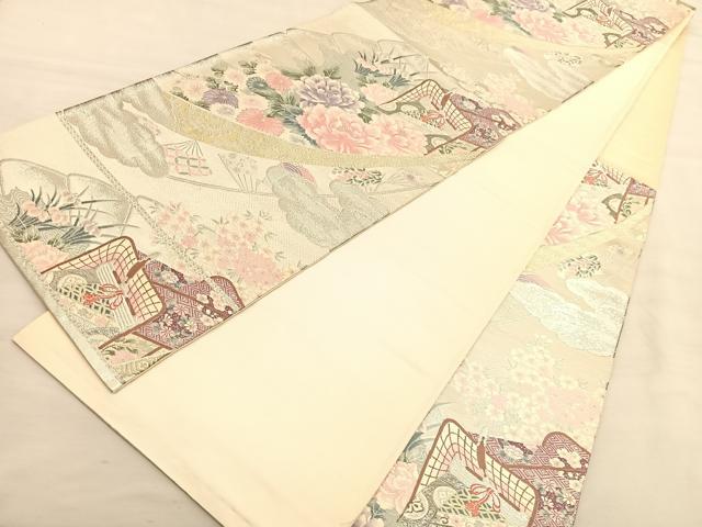 平和屋着物◎六通柄袋帯　唐織　檜扇御所車花文　プラチナ箔　九百錦　正絹　逸品　BAAV1792hv