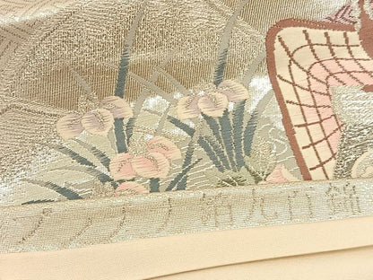 平和屋着物◎六通柄袋帯　唐織　檜扇御所車花文　プラチナ箔　九百錦　正絹　逸品　BAAV1792hv