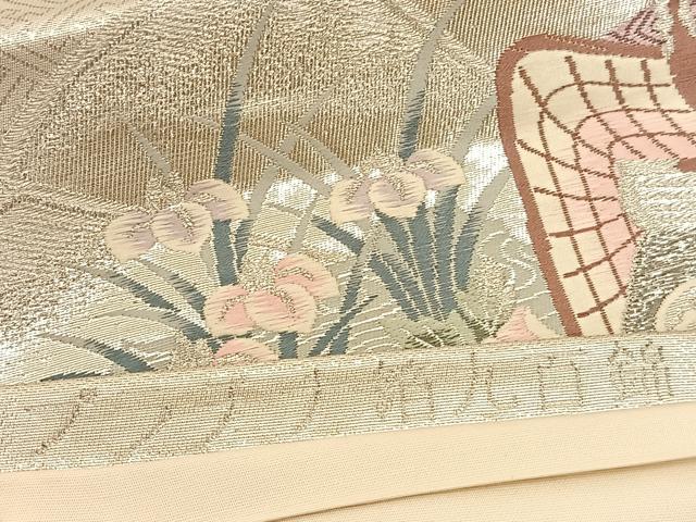 平和屋着物◎六通柄袋帯　唐織　檜扇御所車花文　プラチナ箔　九百錦　正絹　逸品　BAAV1792hv