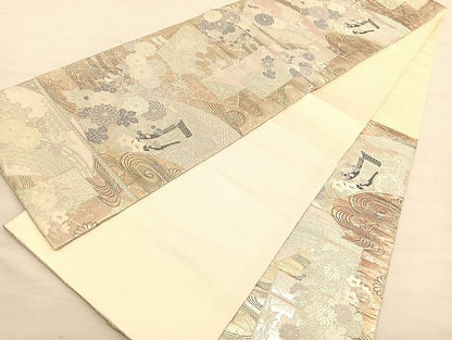 平和屋着物◎六通柄袋帯　唐織　扇面色紙に草花文　金銀糸　正絹　逸品　BAAV1805hv
