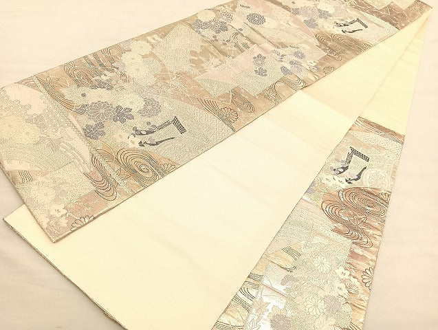 平和屋着物◎六通柄袋帯　唐織　扇面色紙に草花文　金銀糸　正絹　逸品　BAAV1805hv