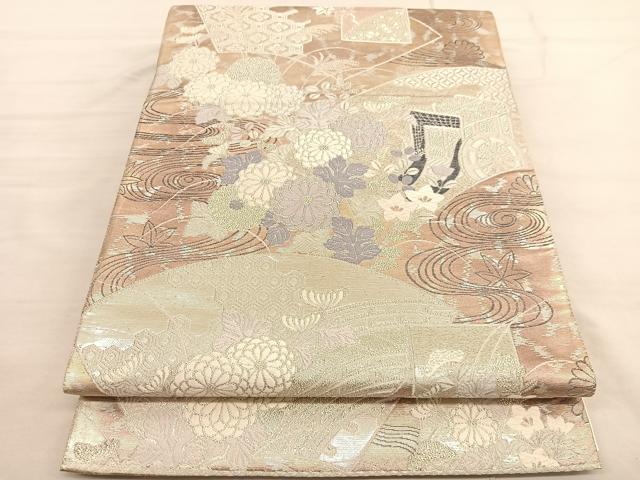 平和屋着物◎六通柄袋帯　唐織　扇面色紙に草花文　金銀糸　正絹　逸品　BAAV1805hv