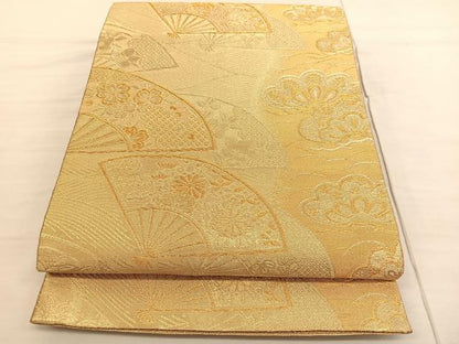 平和屋着物◎六通柄袋帯 扇面花文 金糸 正絹 逸品 BAAV1809hv