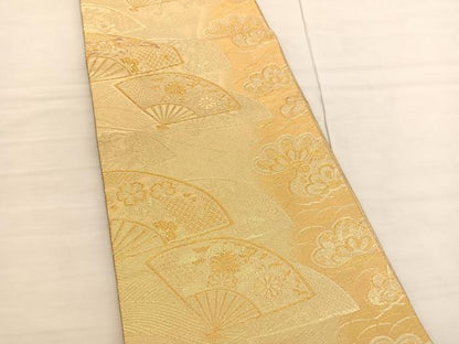 平和屋着物◎六通柄袋帯 扇面花文 金糸 正絹 逸品 BAAV1809hv