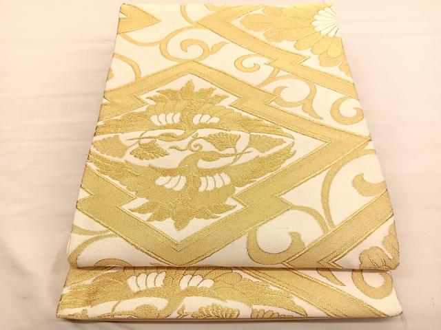 平和屋着物◎六通柄袋帯 松皮菱双鶴文 金糸 正絹 逸品 BAAV1814hv