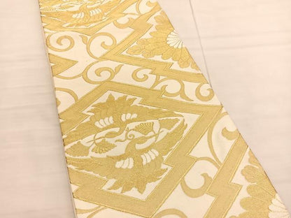 平和屋着物◎六通柄袋帯 松皮菱双鶴文 金糸 正絹 逸品 BAAV1814hv