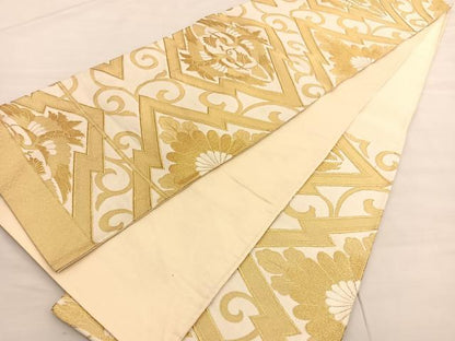 平和屋着物◎六通柄袋帯 松皮菱双鶴文 金糸 正絹 逸品 BAAV1814hv
