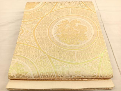 平和屋着物◎六通柄袋帯　花絵皿文　金糸　正絹　逸品　BAAV1818hv