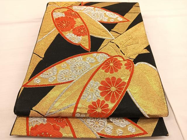 平和屋着物◎六通柄袋帯 唐織 笹竹花文 黒地 金銀糸 正絹 逸品 BAAV1826hv