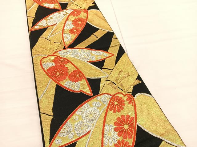 平和屋着物◎六通柄袋帯 唐織 笹竹花文 黒地 金銀糸 正絹 逸品 BAAV1826hv