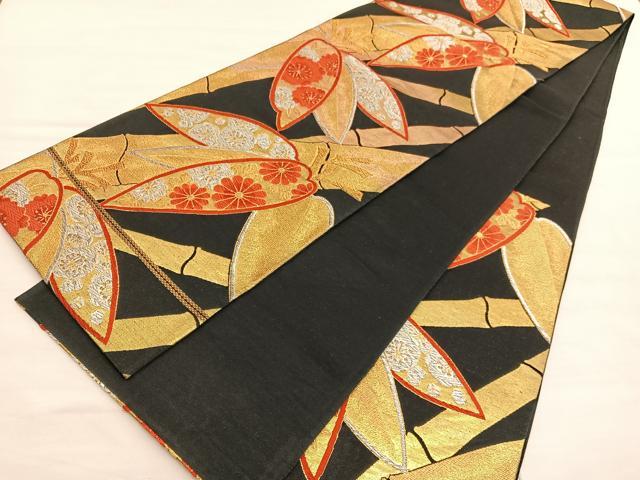 平和屋着物◎六通柄袋帯 唐織 笹竹花文 黒地 金銀糸 正絹 逸品 BAAV1826hv