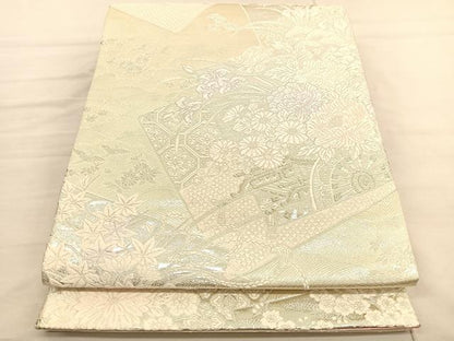 平和屋着物◎両面 六通柄袋帯 唐織 色紙華草文 銀糸 正絹 逸品 BAAV1829hv