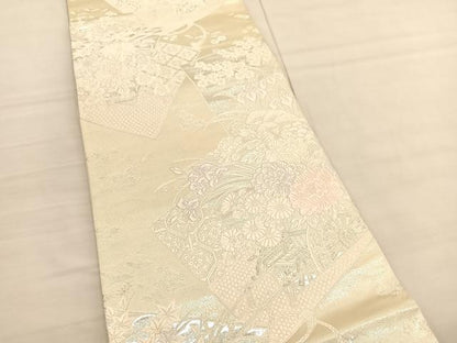 平和屋着物◎両面 六通柄袋帯 唐織 色紙華草文 銀糸 正絹 逸品 BAAV1829hv