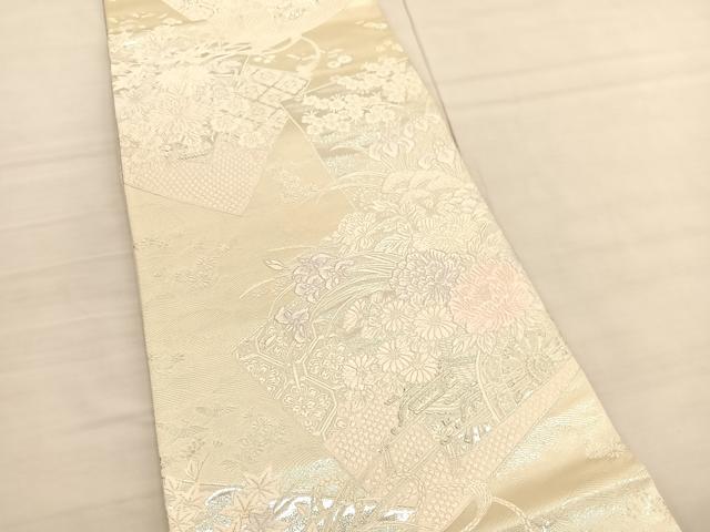 平和屋着物◎両面 六通柄袋帯 唐織 色紙華草文 銀糸 正絹 逸品 BAAV1829hv