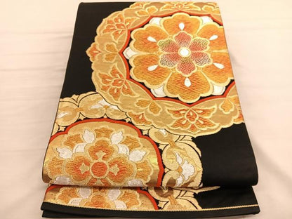 平和屋着物◎六通柄袋帯　唐織　宝相華　黒地　金銀糸　正絹　逸品　BAAV1832hv