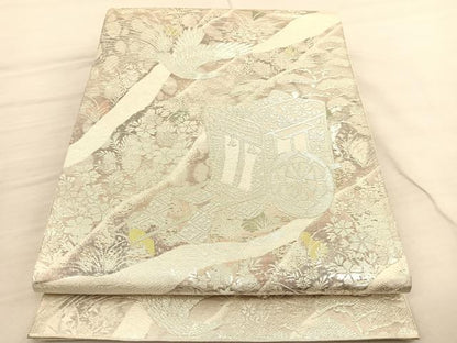 平和屋着物◎六通柄袋帯 御所車花鳥文 銀糸 正絹 逸品 BAAV1846hv